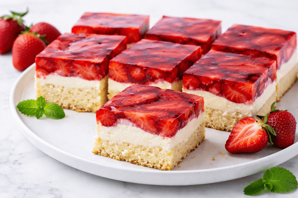 Ciasto z truskawkami i galaretką i budyniem